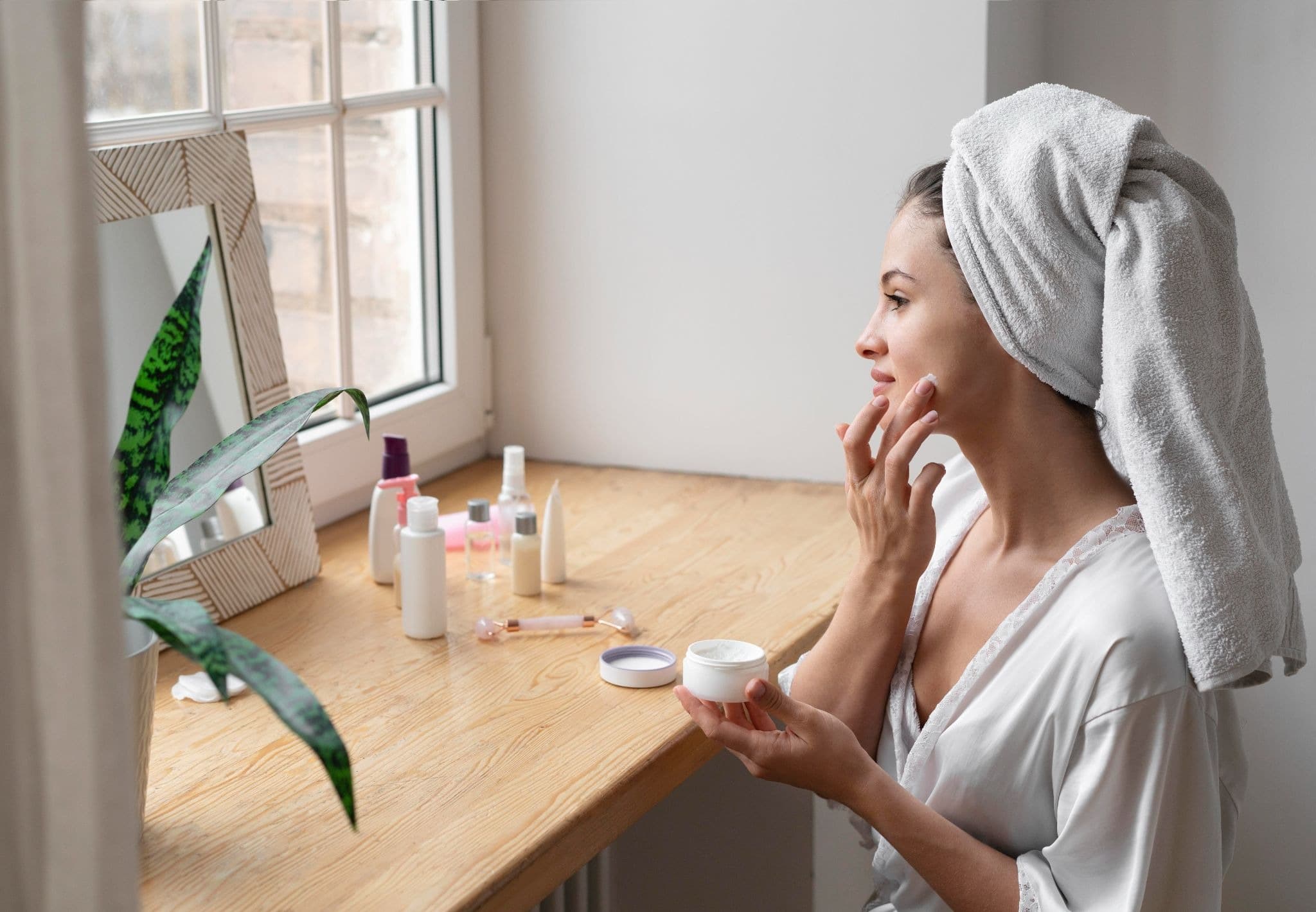 A woman applying moisturiser at a sunlit dressing table, her skincare products laid out beside her