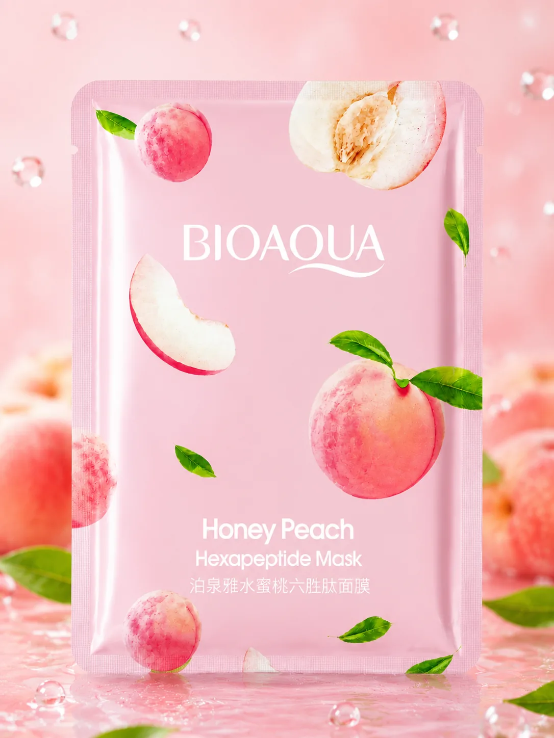 The Bioaqua Honey Peach sheet mask sachet surrounded by peaches