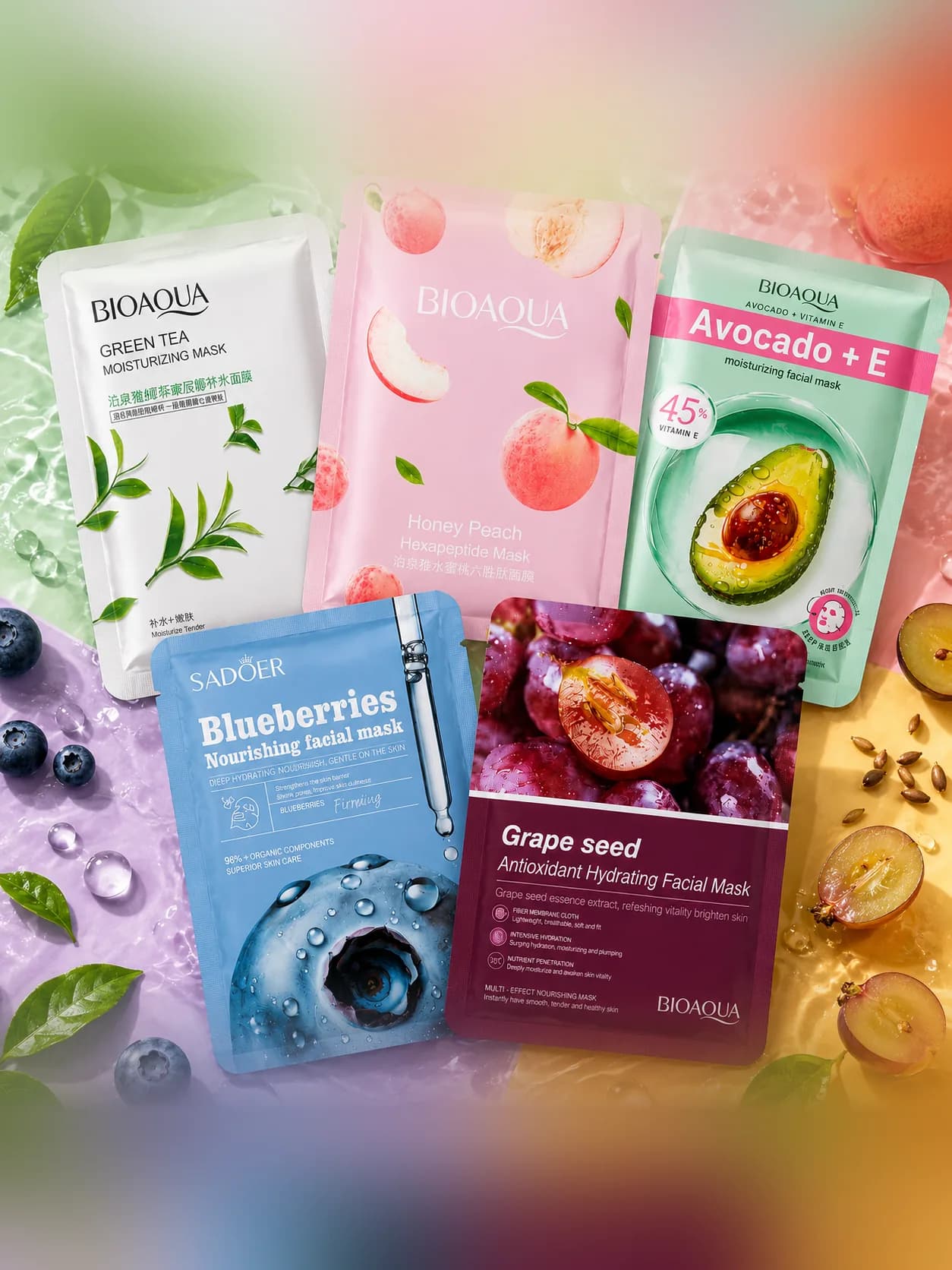 Five sheet masks laid out together, green tea, honey peach, avocado, blueberries and grape seed